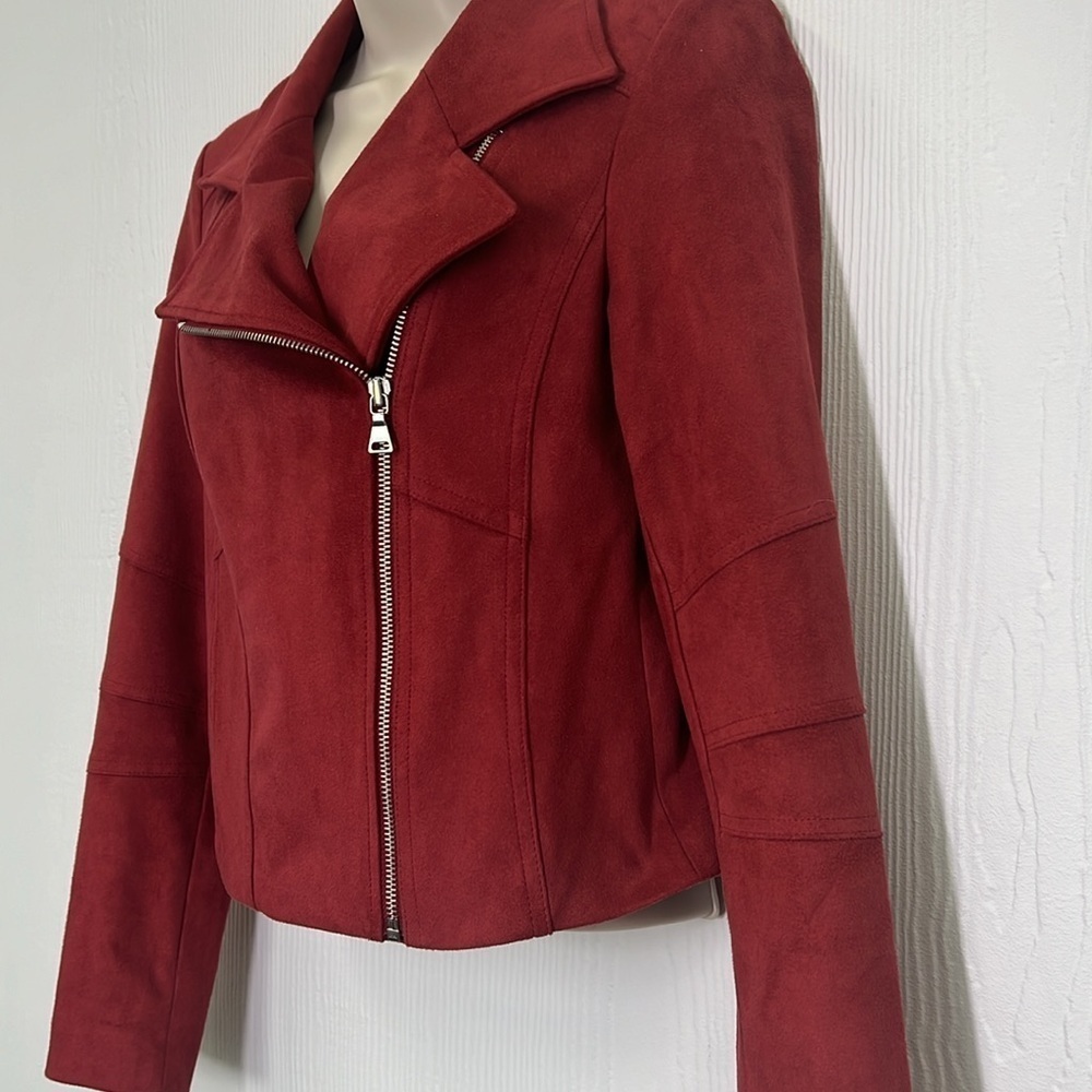 Express - Red Faux Vegan Suede Moto Long Sleeve Lined  Zipper Jacket Size XS - Picture 7 of 13